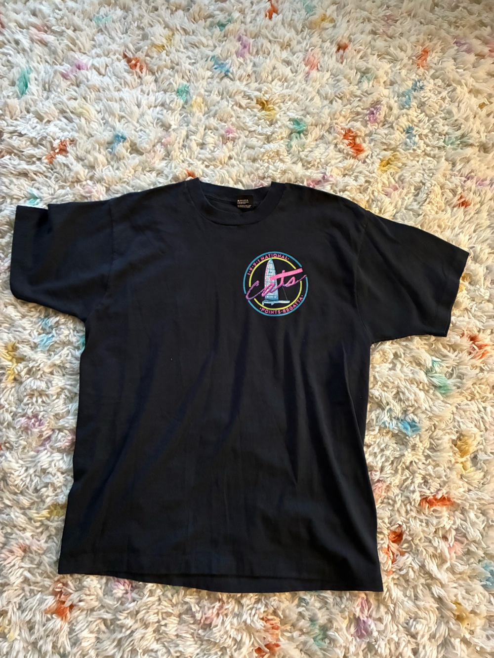 Vintage Screen Stars Black Tee with Neon Pink, points regata sailing 1991